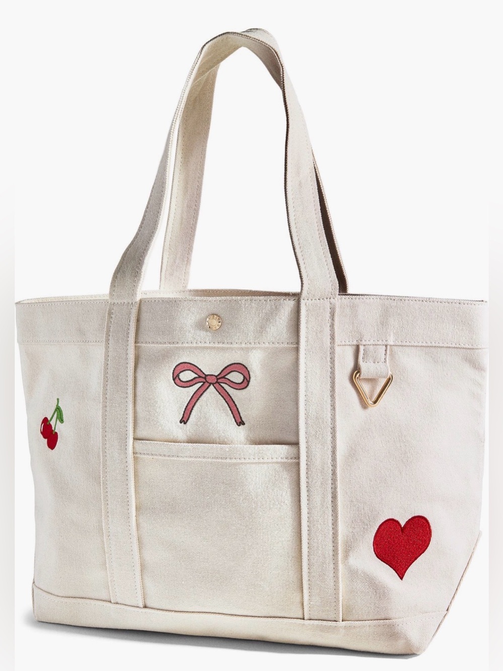 Cream Canvas Tote with Red Heart & Cherry Accents